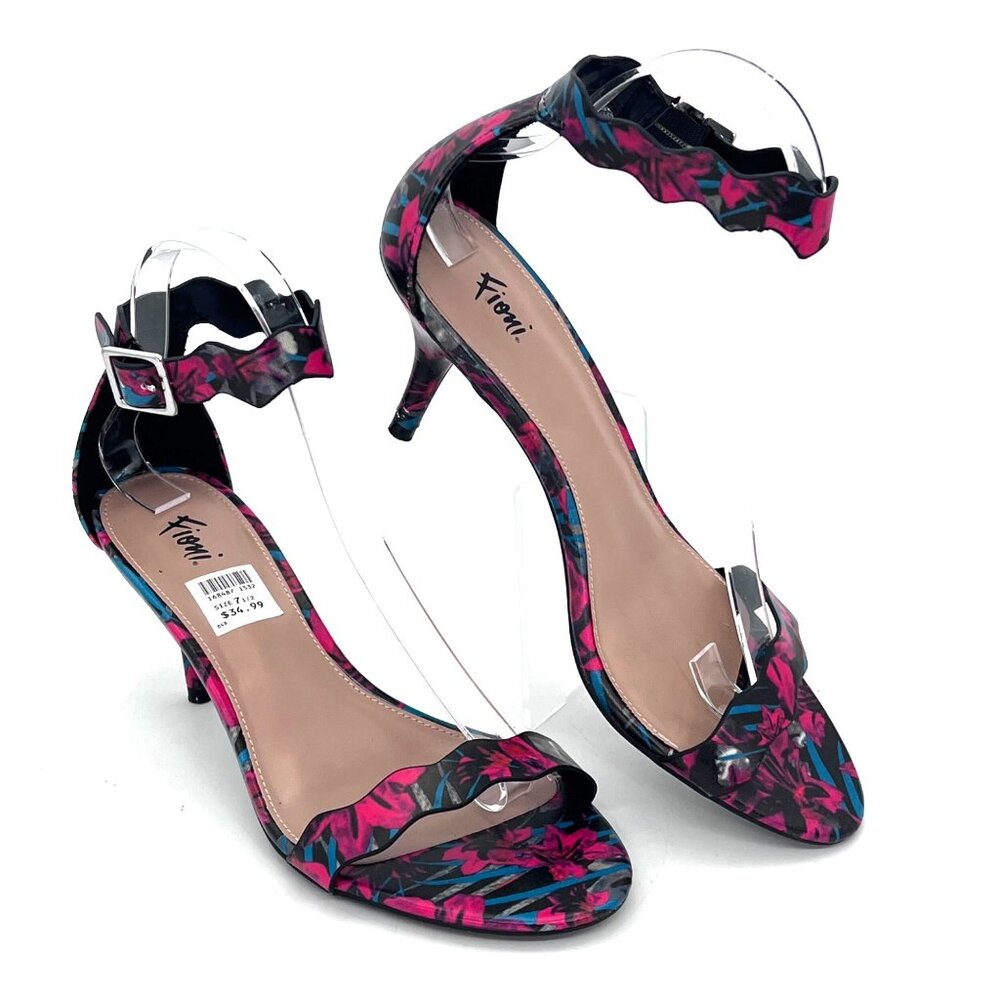 Fioni Floral Open-Toe Heels Womens Shoes Size 7.5 Pink & Blue Ankle Strap NEW